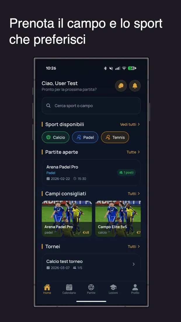 App Prenotazioni Sportive - home utente con prenotazione campi e sport